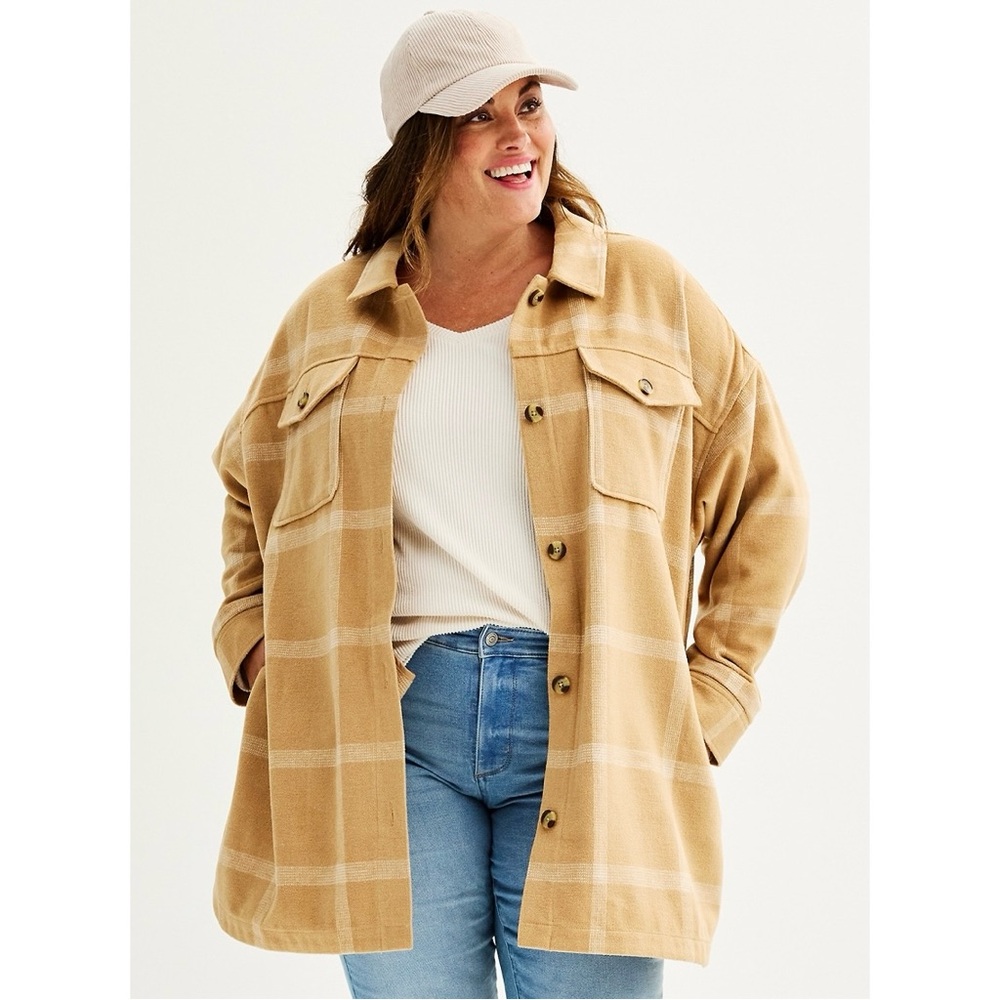 NWT Sonoma Utility Shacket Camel Beige Plaid Plus Size 0X